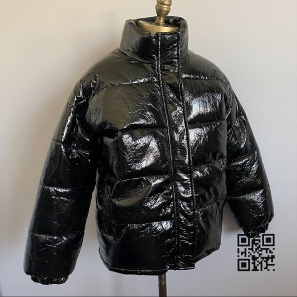 Adika Black Glossy Shiny Vinyl Reagan Puffy Jacket - S/M - Picture 2 of 10